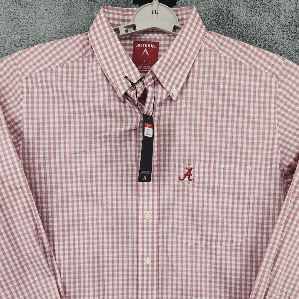 Alabama Crimson Tide Shirt Mens L Red Check Antigua Button Down NCAA Football